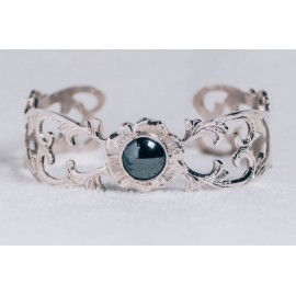 Sterling silver bracelet with smoky grey-black cat’s eye stone, engraved
