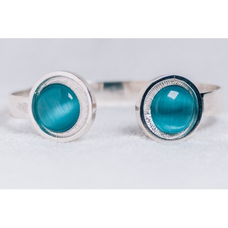 Sterling silver bracelet with silver ends and blue cat’s eye stones, Bijuterii de argint lucrate manual, handmade