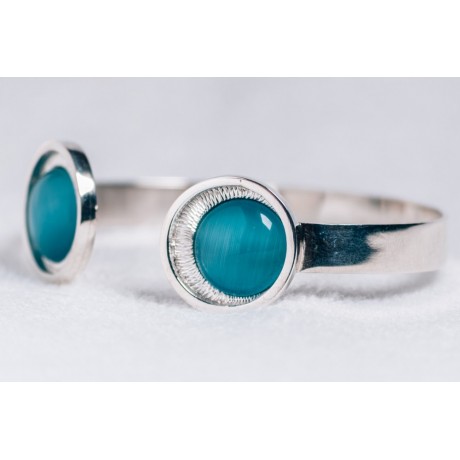 Sterling silver bracelet with silver ends and blue cat’s eye stones, Bijuterii de argint lucrate manual, handmade
