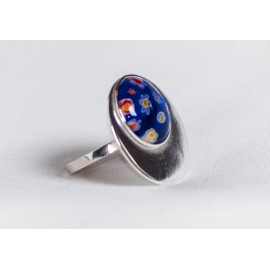 Large sterling silver ring with dark blue millefiore, handmade & handcrafted, design by Ibralhoff