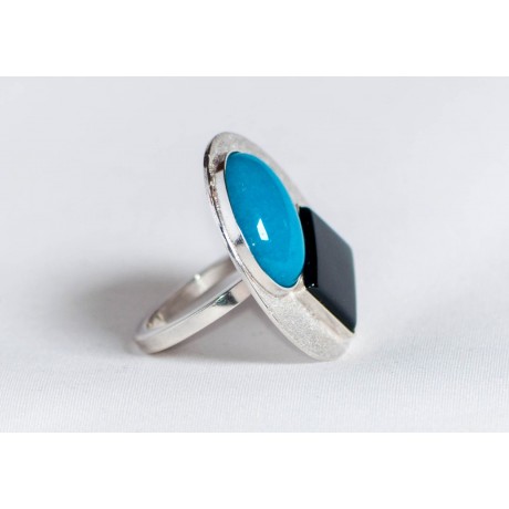 Large sterling silver ring with bluish jaspe and black onyx and smallish sapphire, handmade & handcrafted, design by Ibralhoff, Bijuterii de argint lucrate manual, handmade