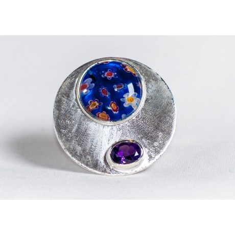 Large sterling silver ring with millefiore and amethyst, handmade & handcrafted, design by Ibralhoff, Bijuterii de argint lucrate manual, handmade